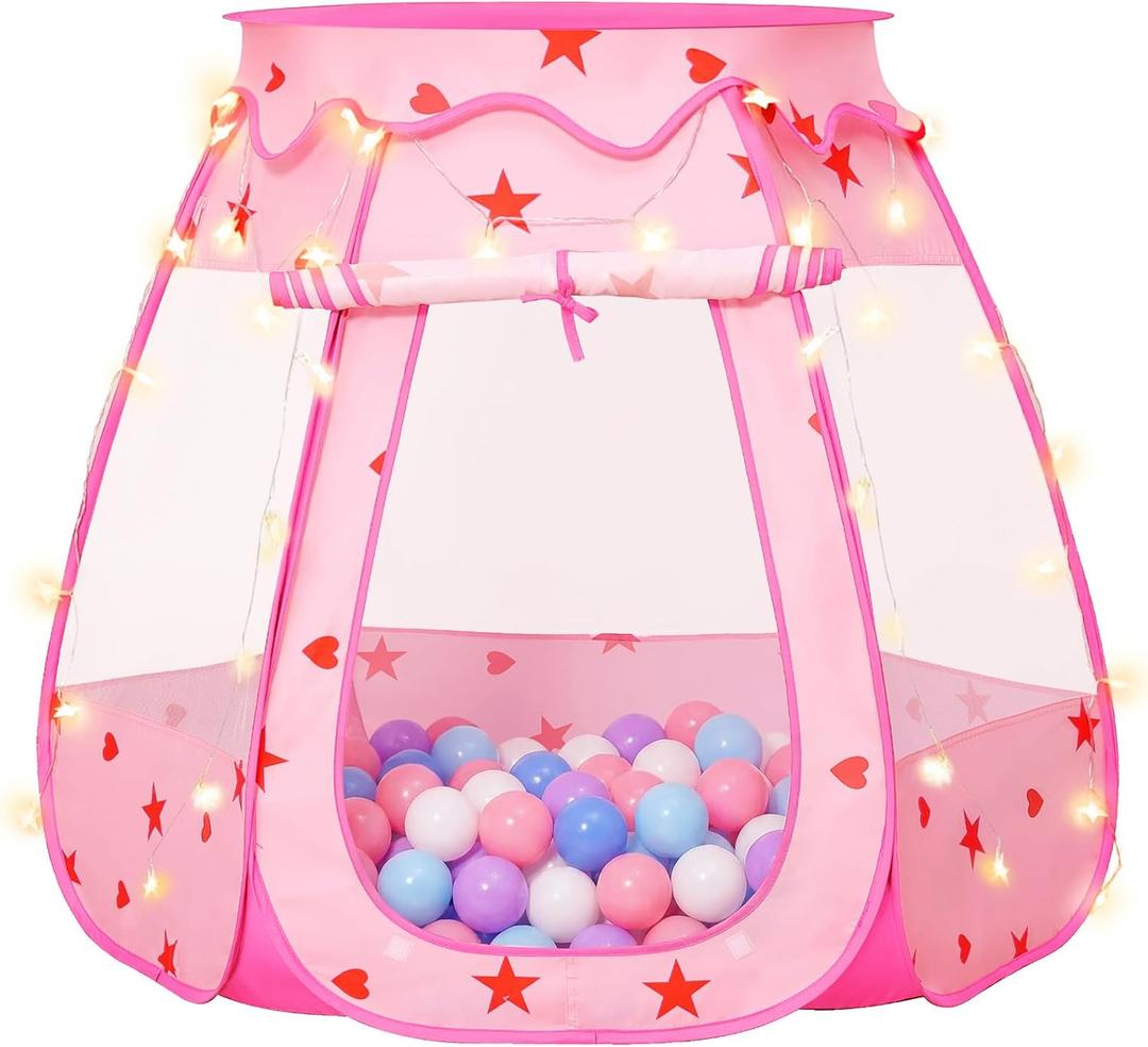 Pop Up Princess Tent with Star Light：Toy for Girl Birthday Gifts, Portable Ball Pit with Outdoor Carry Bag, Collapsible Kids Play Tent for Toddler Indoor Activity Playhouse, NO Balls(Pink)