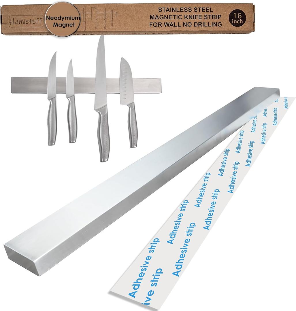 Premium Magnetic Knife Strip for Wall no Drilling  16 Inch Stainless Steel Magnetic Knife Holder with Neodymium Magnet Strong Adhesive Tape - Lightweight Kitchen Magnet Knife Bar