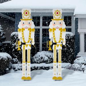 2pcs 6ft Large Modern Metal Christmas Nutcracker Outdoor Decoration White Gold Xmas Nutcracker Yard Signs Christmas Tall Metal Soldier Stakes Ornament for Holiday Garden Lawn Porch Pathway