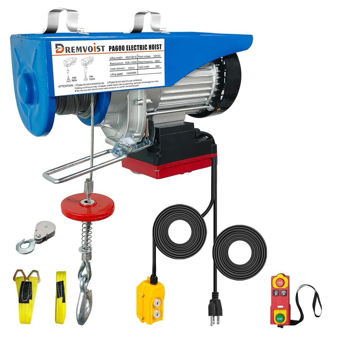 Electric Hoist,1320lbs Electric Hoist with Remote Control,110v Electric Hoist Winch Wireless/Wired 2 in 1,33/66FT Lifting Height,for Construction Site,Factories,Garage,Warehouses, Attic