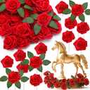 Thiccywoov 30 Pcs Horse Racing Derby Decorations Artificial Crimson Red Roses W/Stem Decorations Fake Roses Horse Derby Centerpieces for Tables Horse Derby Party Supplies