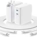 Essri MacBook Pro Charger,75W USB C Charger 2Pack with Foldable Plug,Dual 75W Ports Fast Charging for MacBook Pro Air,iPad Pro,iPhone 17/16/15,Includes 6FT+10FT USB C to C Cables - White