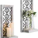 Wood Small Wall Shelves for Candle - Decorative Farmhouse Floating Shelf Candle Sconces for Wall Decor - Rustic Carved Floating Shelf Wooden Shelving for Bathroom Bedroom (Window Grille, Distressed Gray-white)