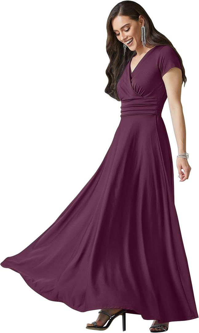KOH KOH Womens Sexy Cap Short Sleeve V-Neck Flowy Cocktail Gown (Medium, Plum Dark Purple)
