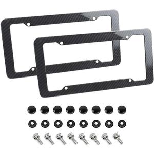 2PCS Car License Plate Frames, Carbon Fiber Vehicle License Plate Cover with Mount Hardware & Caps, Solid Automotive Front Rear Tag Frame Holder, Universal for Truck SUV Sedan