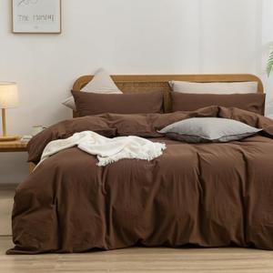 BESTOUCH Duvet Cover Set 100% Washed Cotton Linen Feel Super Soft Comfortable Chic Lightweight 3 PCs Home Bedding Set Solid Cocoa Brown Super King Plus