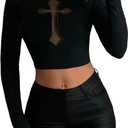 WDIRARA Women's Contrast Mesh T Shirts Mock Neck Long Sleeve Tee Gothic Punk Crop Tops (Black, S)