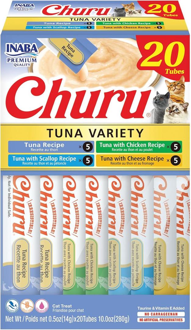 INABA Churu Cat Treats, Lickable, Squeezable Creamy Pure Cat Treat with Green Tea Extract & Taurine, 0.5 Ounces Each Tube, 20 Tubes, Tuna Variety Box (EXP 04/02/27)