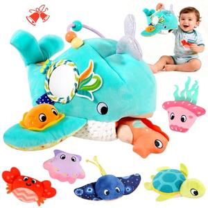 FREYBLI Baby Toys 6-12 Months - Soft Ocean Adventure Toy with Rattle, Crinkle Paper, Squeaker, Mirror - Montessori Sensory Toys for 6 Month Old Boy Girl Gifts Toys Easter Basket Stuffers