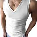 OYOANGLE Men's V Neck Tank Top Slim Fitted Workout Gym Sleeveless Muscle Shirts Summer Undershirts (Medium, White)