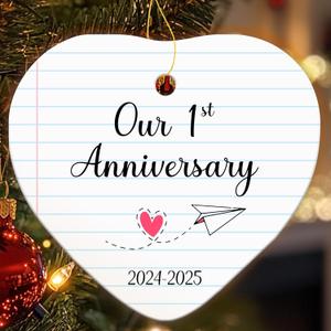 2 x Happy 1st Anniversary Christmas Ornament Gifts for Couple, Wife, Husband, 1 Year Wedding Anniversary 2025 Ornaments for Christmas Tree, Ceramic