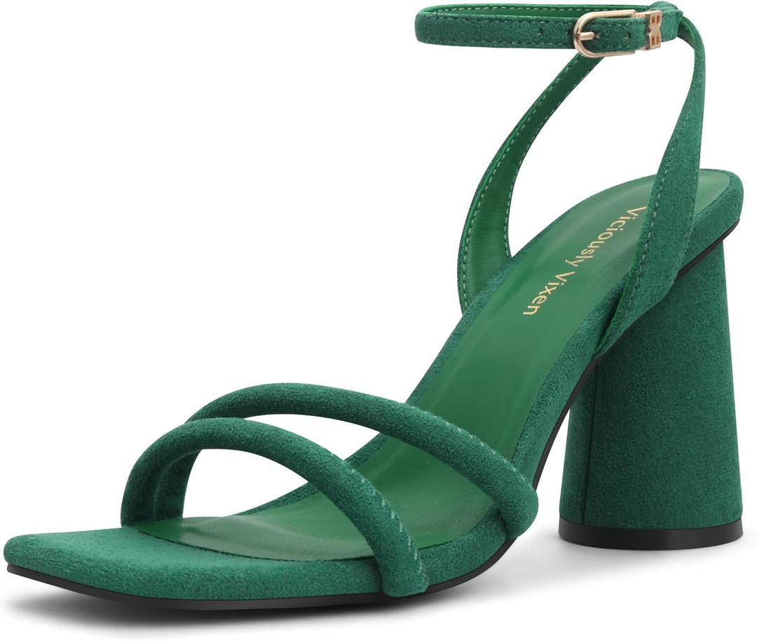 Women's Block High Heels Square Toe Heeled Sandals Ankle Strap Shoes (Green) 7