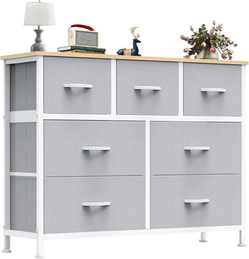 OLIXIS 7 Drawers Dresser for Bedroom, Fabric Storage Tower for Living Room, Entryway - Sturdy Steel Frame, Wooden Top and Easy Pull Fabric Bins, Closet Chests Organizer for Clothes,Light Gray