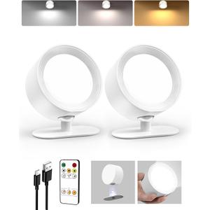 LED Wall Mounted Lights, Rechargeable Wall Sconces Lamp, 3 Color Temps & Remote and Touch, 360Rotation Dimmable Cordless Wall Light for Study Bedroom Reading Bedside(White, 2 Pack)