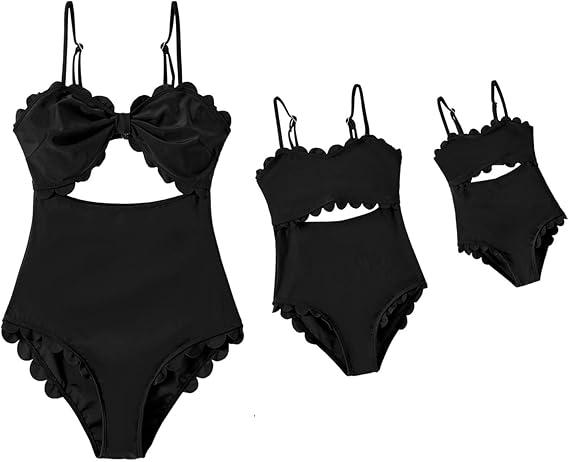 IFFEI Mommy and Me Matching Outfits Women's One Piece Swimsuits Cutout Scallop Trim Monokini Swimwear Bathing Suit (Color: Black-scallop, 3-6 Months)