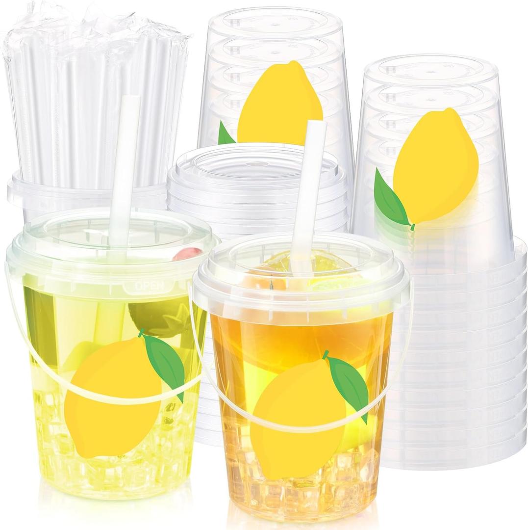 Funnymoom 50 Set Lemonade Buckets with Lids and Straws 34oz Clear Plastic Drink Cups Disposable Cocktail Drinking Pails with Handles Bulk for Summer Lemon Themed Wedding Birthday Party Supplies