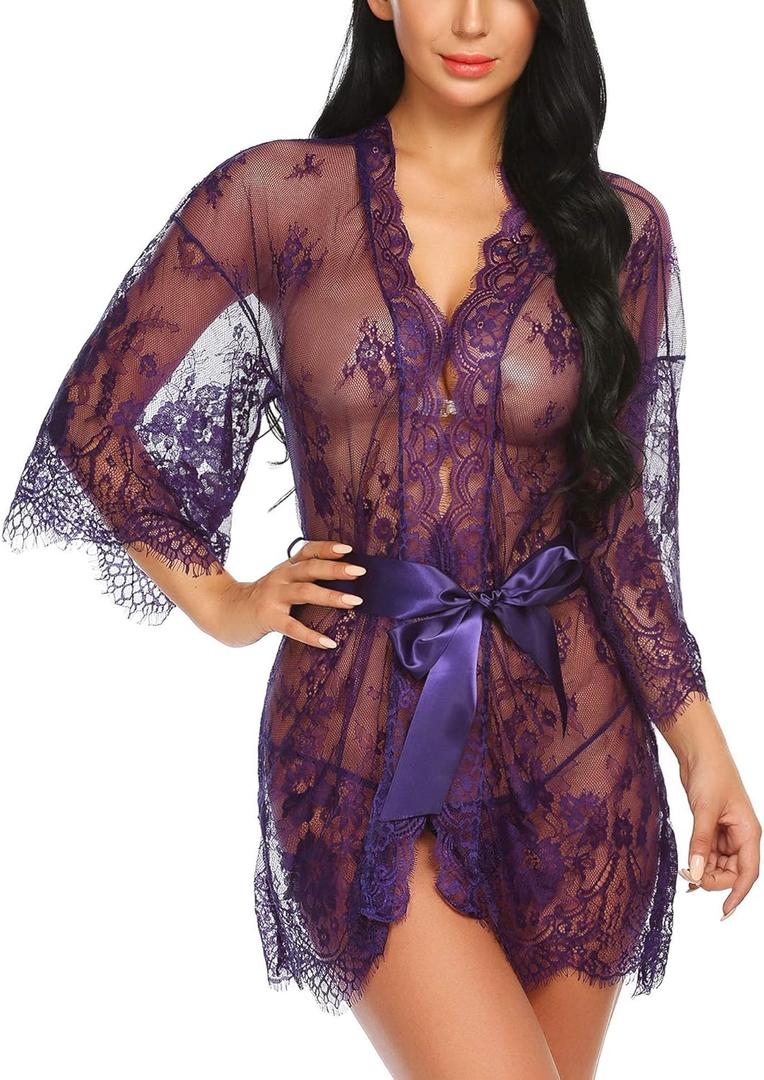 Avidlove Women's Lace Kimono Robe Babydoll Lingerie Mesh Nightgown S-5XL (Purple, Small)