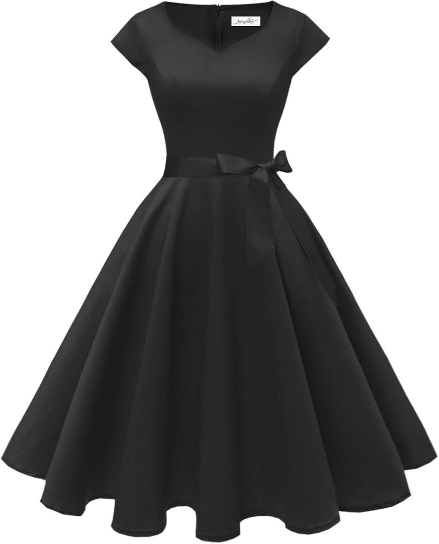 Kingfancy Women Vintage 1950s Dress Retro Cocktail Party Swing Dresses with Cap Sleeves (Black, L)