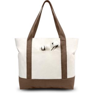 TOPDesign 1-Pack Canvas Tote Bag with an External Pocket, Reusable Grocery Shopping Bag, Top Zipper Closure, Daily Essentials (Brown/Natural)
