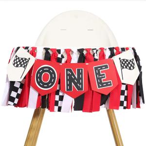Race Car High Chair Banner - Fast One Birthday Party Decorations, Red Vintage Racing 1st Birthday Highchair Banner, Race Car Boy Smash Cake Banner, Racing Garland With Black And White Checkered Flags