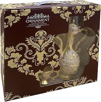 Vintage Turkish Coffee Pot Set Metal Turkish Tea Set with 6 Luxury Coffee Cups & Craft Tea Tray Teapot for Serving Tea Zamzam Coffee Cappuccino,Gold Silver Ottoman Trim Wedding Gift