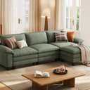 LINSY HOME 123'' Modular Sectional Sofa Green Couch Corduroy Cloud Couches for Living Room, L Shaped Couch with Movable Ottoman, Modern Cloud Sectional Sofas for Bedroom and Apartment, Green