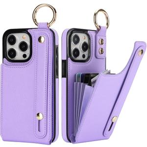 Folosu for iPhone 15 Pro Max Wallet Case with Card Holder, Hand Wrist Strap Loop Holder Kickstand, RFID Blocking Finger Grip Ring PU Leather Double Buttons Shockproof Cover 6.7" Purple