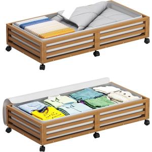 Bamboo Under Bed Storage Containers- Underbed Organizer with Wheels with Large Dust Bag,Sturdy Wood Rolling Under the Bed Shoe Storage Organizer Drawer 2 Packs (Walnut, Long)