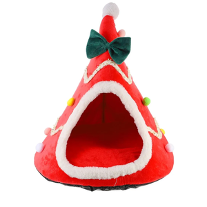 Creative Christmas Tree Shape Warm Pet Nest for Cats and Dogs for Holiday Decor. Red And Green Color