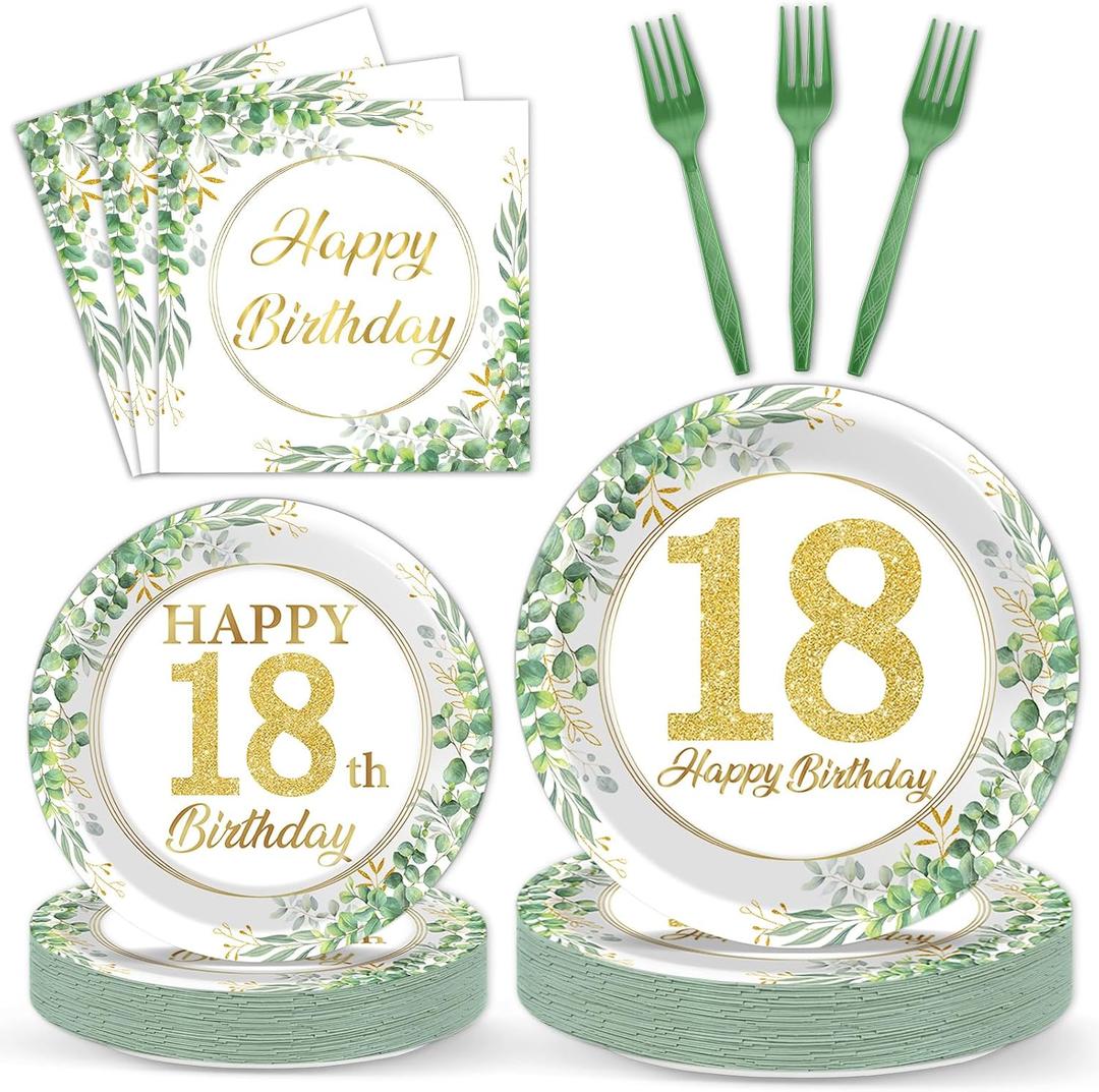 Qyeahkj 100 Pcs 18th Birthday Decorations Party Tableware Set Greenery Eucalyptus Paper Plates Sage Green Plates Forks and Napkins 18th Birthday Party Decors for 18 Years Girls Women Serve