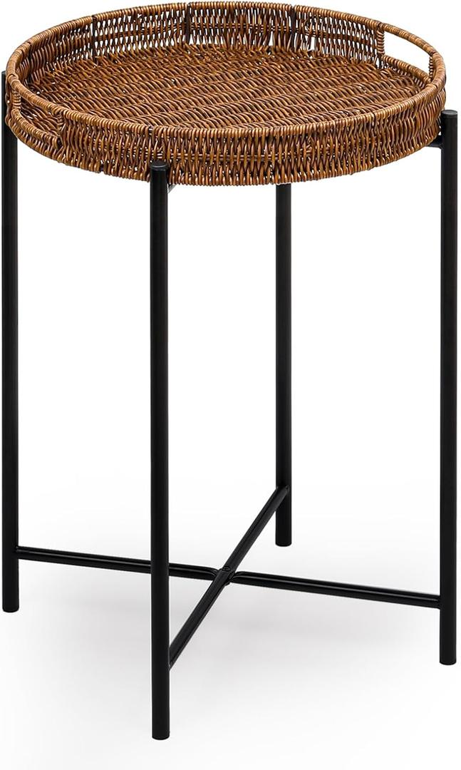 DINGTAI Small Wicker Round End Table, 16.5 in Rattan End Tables with Removable Tray, Waterproof Sofa Coffee Side Table, Indoor Outdoor Side Tables for Patio, Living Room Bedroom Office, 16"d X 16"w X 22.5"h