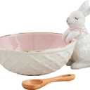 Mud Pie Bunny Candy Dish Set Serving & Salad, bowl 4" x 5" | spoon 3 1/2", Pink