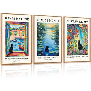 HOURIA Large Monet Water Lilies Black Cat Framed Canvas Wall Art Set, Abstract Matisse Window Black Cat Wall Decor Klimt Garden Flowers Cat Pictures Art Prints for Bedroom Living Room-16"x24"x3