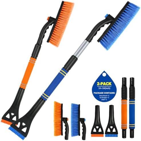 2Pack Ice Scrapers for Car Windshield, 2-in-1 Snow Scraper and Snow Brush for Car SUV Truck, Car Ice Windshield Scraper for Ice and Snow with 360° Pivoting Brush and Ergonomic Foam Grip Blue Orange