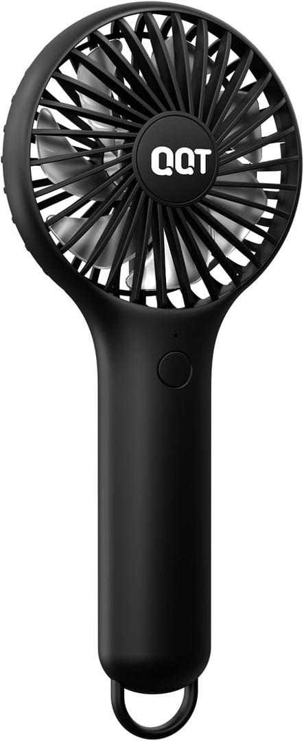 QQT Mini Handheld Fan, Small Personal Cooler with 3 Speeds, Portable Battery Operated, USB Rechargeable Makeup Eyelash Dryer, Strong Airflow for Travel, Office, Outdoor, Women, Men, and Kids, (Black)