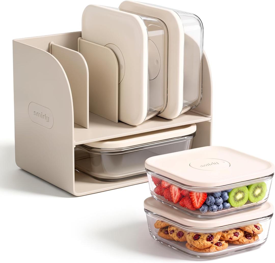 SMIRLY Glass Food Storage Containers with Lids Set, Borosilicate Glass Meal Prep Containers with Airtight Lids & Organizer, Stackable Glass Containers for Healthy Cooking, 5-Pack, Cream White
