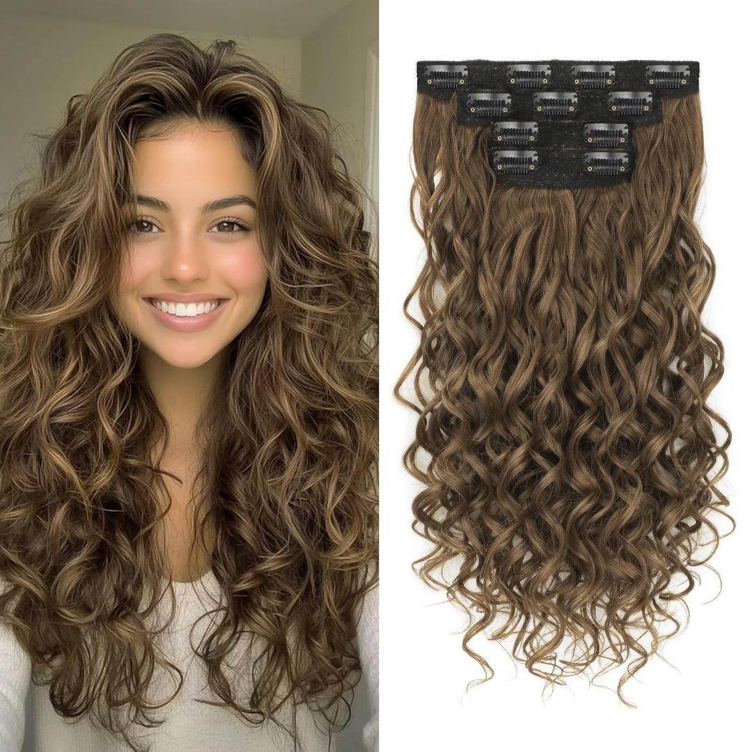 Curly Clip In Hair Extensions, 4PCS 20 Inch Light Brown Extensions Clip Ins Lace Weft Curly Invisible Natural Hairpieces for Women