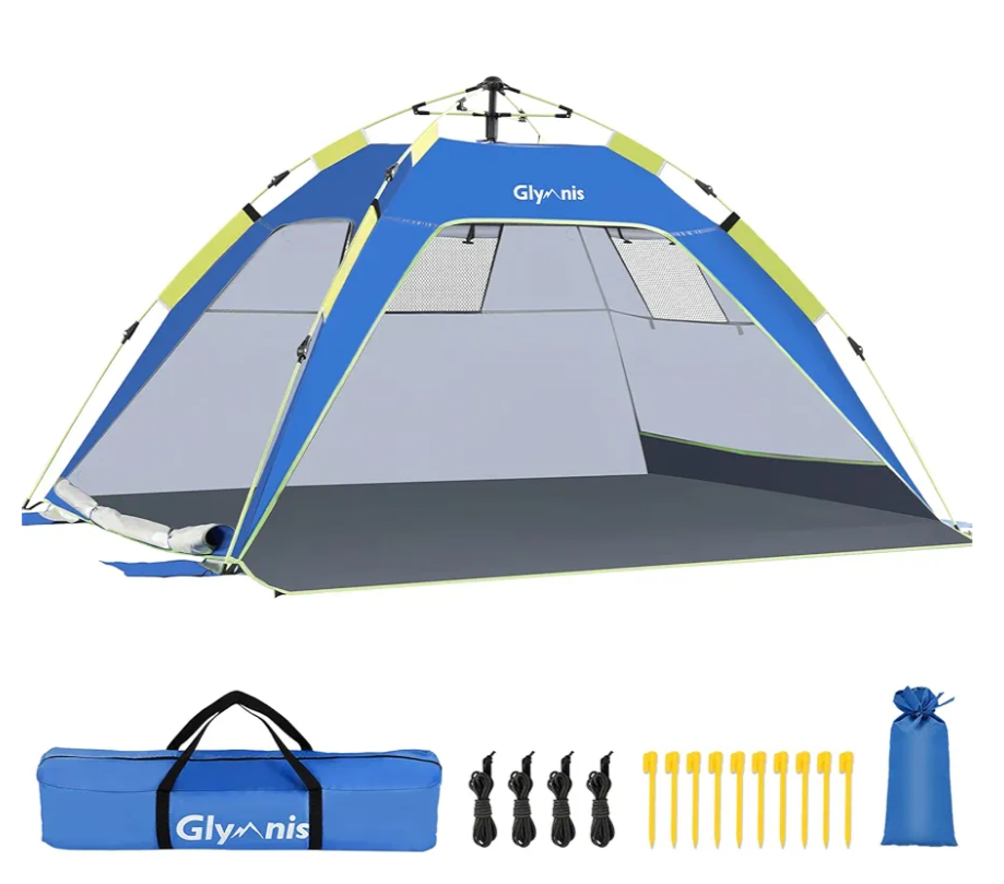 Glymnis Pop Up Beach Tent Sun Shade Shelter for 3-4 Person with UPF 50+, Lightweight & Easy Setup, Vent Windows & Zippered Door, Extended Floor Family Instant Beach Tent