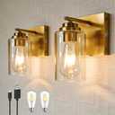 Gold Battery Operated Wall Sconce Set of 2, Wireless Brass Wall Sconces, Rechargeable LED Dimmable Wall Light for Bedroom Bathroom Hallway Living Room Entryway Stairwell,3000K