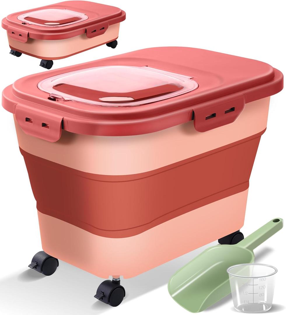 Collapsible Dog Food Storage Container with Lids, Airtight Rice Flour Cereal Sugar Cat Pet Bird Seed Containers Bin Bucket with Rolling Wheel, 20 25 30 Lbs Pound Plastic Sealable Kitchen Pantry Holder (Pink)