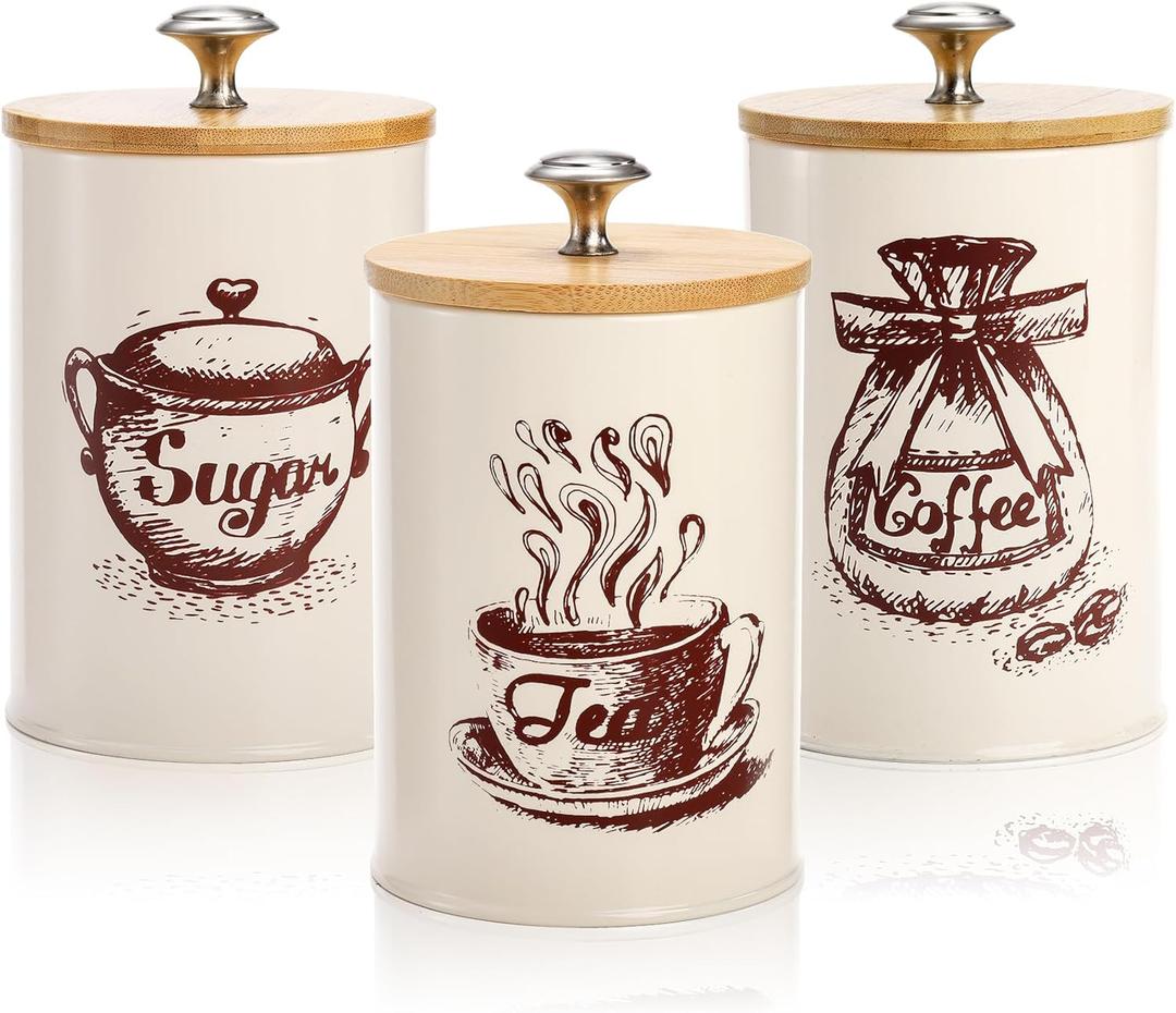Youeon Small Canister Sets for Kitchen Counter, 25 Oz Coffee Sugar Tea Canister Set, Metal Vintage Kitchen Container 3 Pack, Food Storage Containers with Bamboo Lid, Farmhouse Decor, Beige