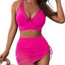 Blooming Jelly Womens Swim Skirt High Waisted Bikini Sets Tummy Control Swimsuits Mesh Sarong Wraps Bathing Suits, Large, Pink