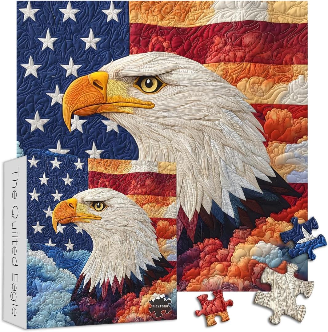 PICKFORU Embroidery Eagle Jigsaw Puzzles 1000 Pieces, American Flag Puzzles for Adults, Colorful Patch Theme as Home Decor