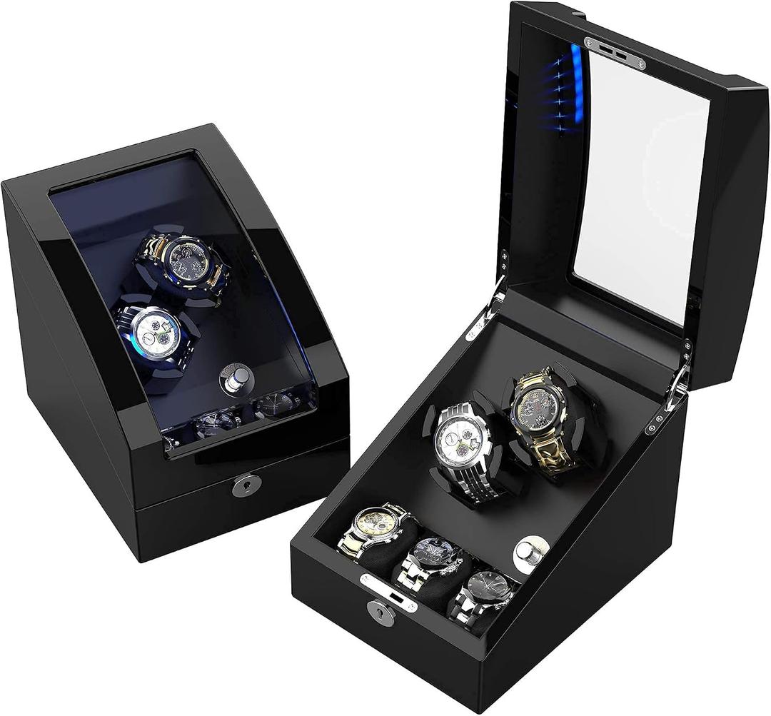 TRIPLE TREE Double Watch Winder+ 3 Soft Leather Watch Pillows LED Automatic Watches Winding Box Wood Shell Mechanical Watch Shaker Japanese Quiet Motor Watch Spinner Case Fit Lady and Man Watches