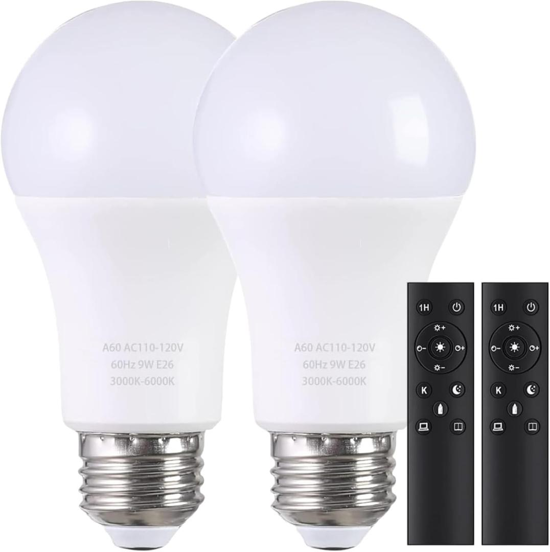 A19 LED Light Bulbs with Remote Control, 800LM 9W, 60W Equivalent LED Bulbs,Stepless Dimmable 3000K-6000K,E26 Base,CRI 80+,2.4GHz,25000+ Hours Lifespan,Light Bulb for Home Decor,2Bulb&2Remote
