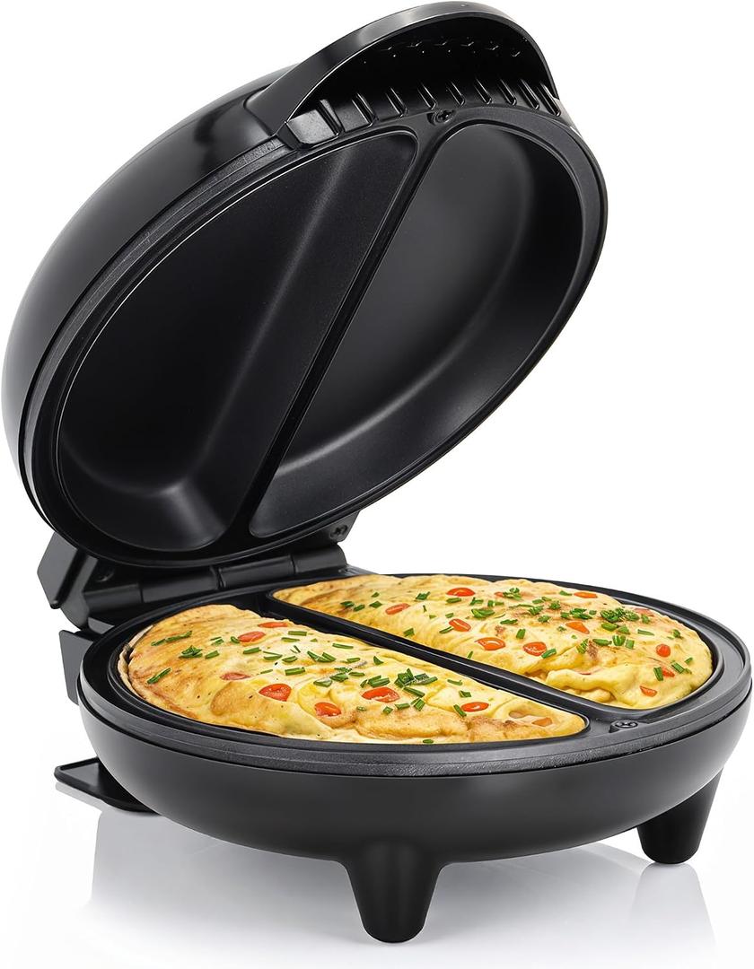 Elite Gourmet EOM205 Non-Stick Omelet Frittata Snack Pocket Maker for 2 Individual 6.5" Omelets, Stainless Steel and Black