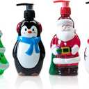 Christmas Theme Decoration Bottle, Soap Dispenser, Shampoo Dispenser, Lotion Containers, Santa Claus, Snowman, Christmas Tree, Penguin Plastic Pump Bottle, 11 Fluid OZ, 7 Inches High, 4 Pack