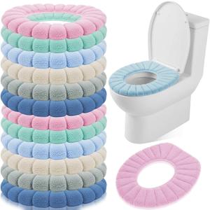 Tegeme 12 Pack 11.8'' Thicker Bathroom Toilet Seat Cover Pads Bulk Soft Comfortable Cushion Cover Stretchable Toilet Seat Elastic Washable Fabric Easy to Install for Home Bathroom Restroom, 6 Colors