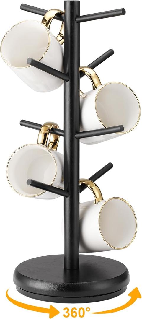 Lorbro Coffee Mug Tree, 360 Rotated Mug Holder with 8 Hooks, Wooden Coffee Cup Holder Rack Stand Accessories for Countertop Kitchen Decor Organizer (Rotatable, Black)