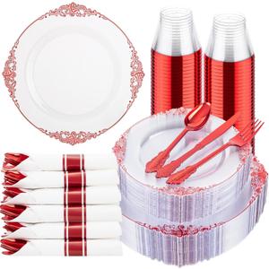 Hioasis 175pcs Clear and Red Plates - Red Party Plates for 25 Guest, Include 50 Heavy-duty Plates(20% Thicker Than Standard), 25 Pre Rolled Gold Plastic Silverware Set, 25 Cups